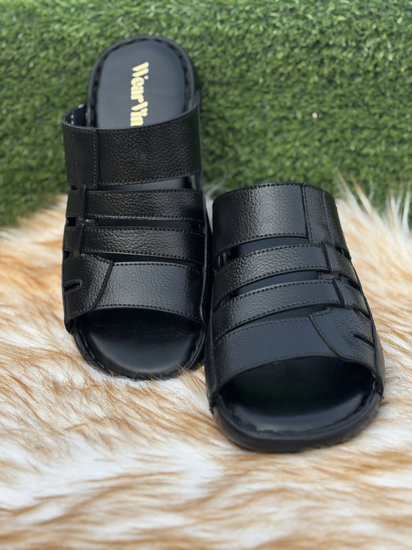 Men's Black Leather Open-Toe Slippers