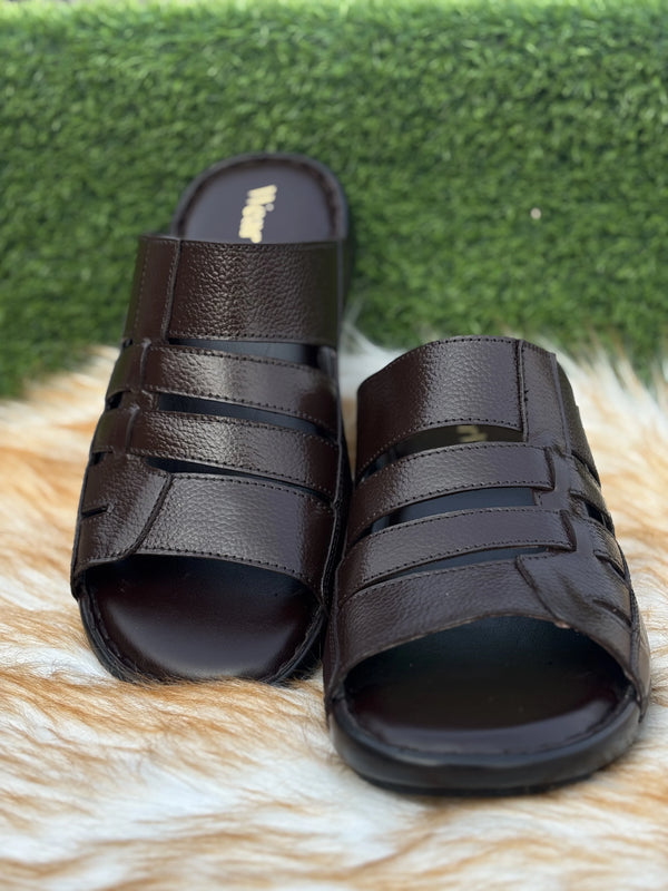 Men's Brown Leather Open-Toe Slippers