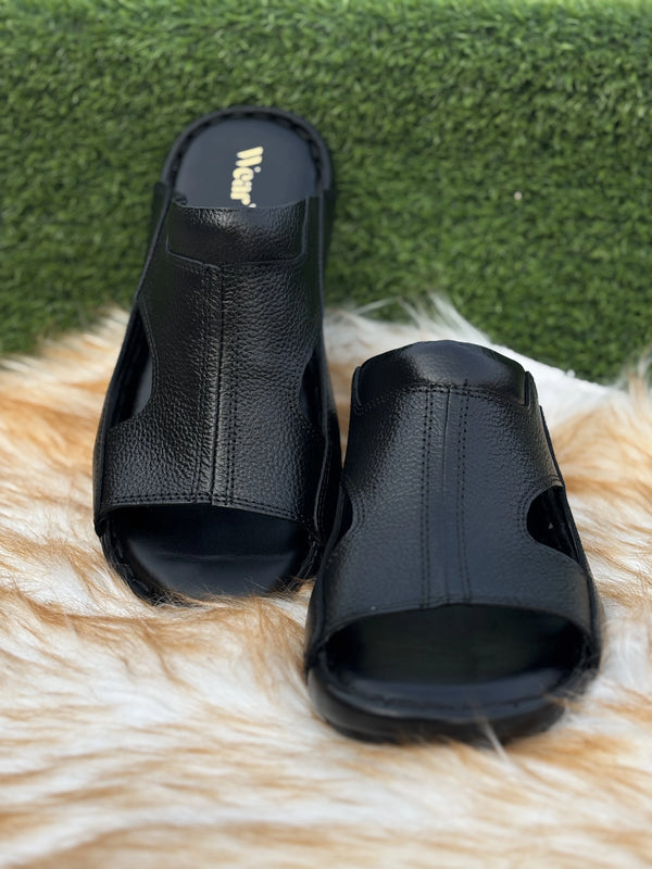 Men's Black Leather Slip-On Slippers