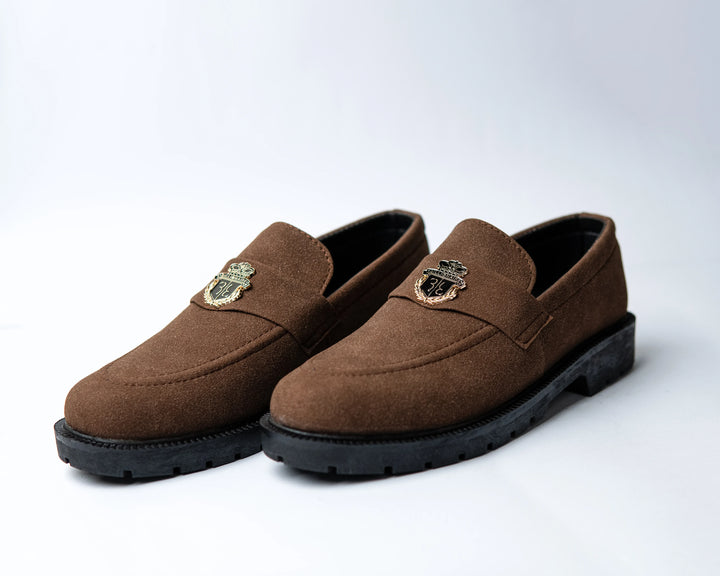 Wearvin Royal Crest Loafers – premium brown suede shoes with a royal emblem for men. Stylish, comfortable, and durable